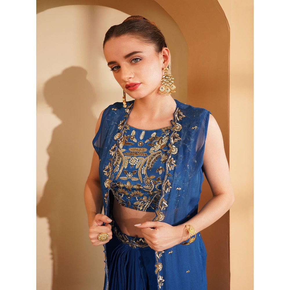 MILU MADAN Deep Blue Crepe Drape Skirt with Cape and Blouse (Set of 3)