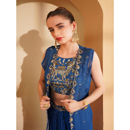 MILU MADAN Deep Blue Crepe Drape Skirt with Cape and Blouse (Set of 3)