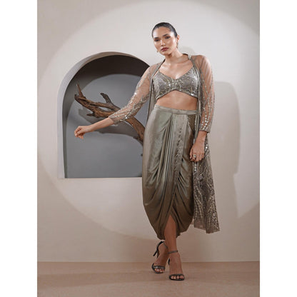 MILU MADAN Grey Net Zari and Faux Mirror Work Long Cape with Drape Skirt and Blouse (Set of 3)