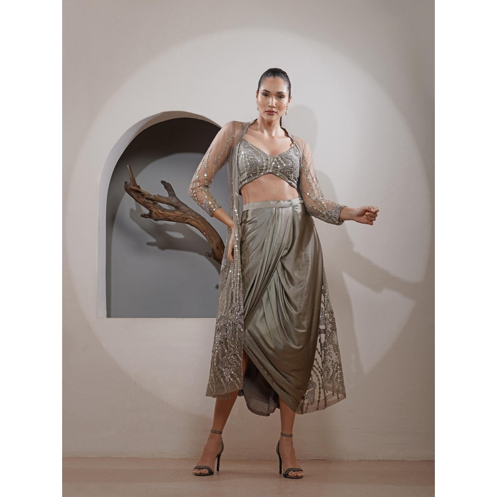 MILU MADAN Grey Net Zari and Faux Mirror Work Long Cape with Drape Skirt and Blouse (Set of 3)