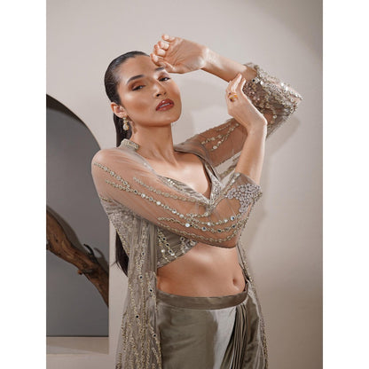 MILU MADAN Grey Net Zari and Faux Mirror Work Long Cape with Drape Skirt and Blouse (Set of 3)
