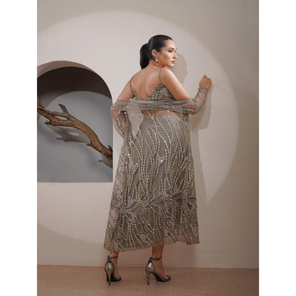 MILU MADAN Grey Net Zari and Faux Mirror Work Long Cape with Drape Skirt and Blouse (Set of 3)