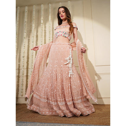 MILU MADAN Light Peach Beads Work Lehenga with Blouse and Dupatta (Set of 3)