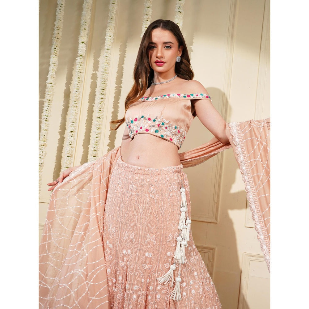 MILU MADAN Light Peach Beads Work Lehenga with Blouse and Dupatta (Set of 3)