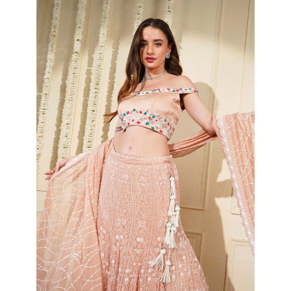 MILU MADAN Light Peach Beads Work Lehenga with Blouse and Dupatta (Set of 3)