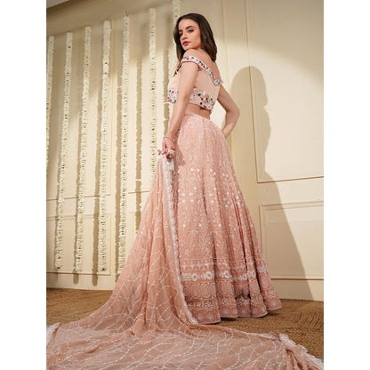 MILU MADAN Light Peach Beads Work Lehenga with Blouse and Dupatta (Set of 3)