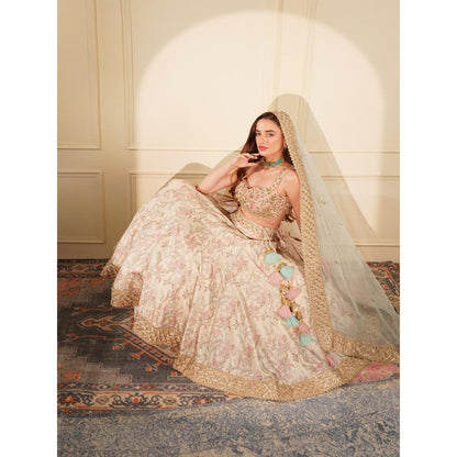 MILU MADAN Beige Printed Lehenga with Blouse and Dupatta (Set of 3)