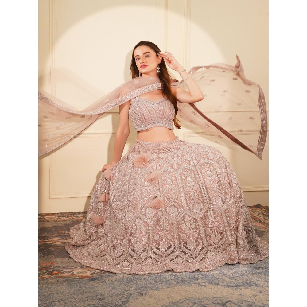 MILU MADAN Onion Pink Heavy Beadwork Lehenga with Blouse and Dupatta (Set of 3)