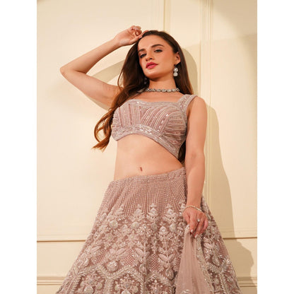 MILU MADAN Onion Pink Heavy Beadwork Lehenga with Blouse and Dupatta (Set of 3)