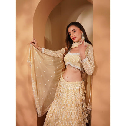 MILU MADAN Beige Lehenga with Blouse and Dupatta (Set of 3)