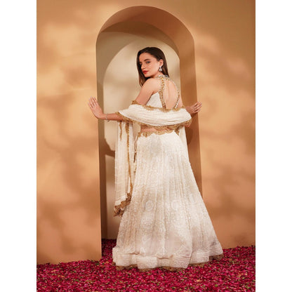MILU MADAN White Lehenga with Blouse and Dupatta (Set of 3)