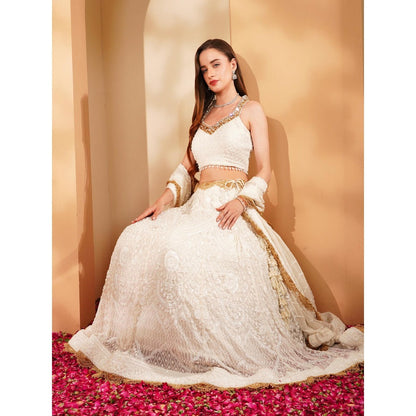 MILU MADAN White Lehenga with Blouse and Dupatta (Set of 3)