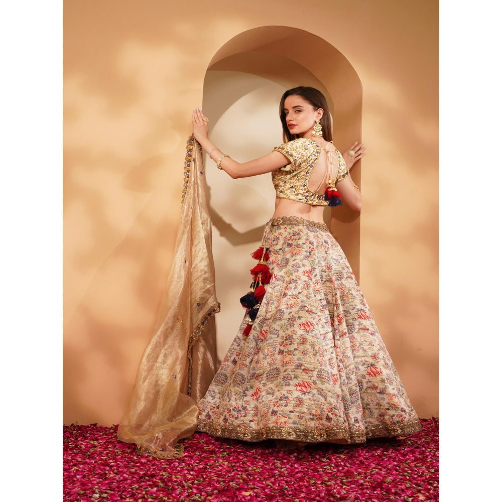 MILU MADAN Light Beige Gisha Silk Printed Lehenga with Blouse and Dupatta (Set of 3)