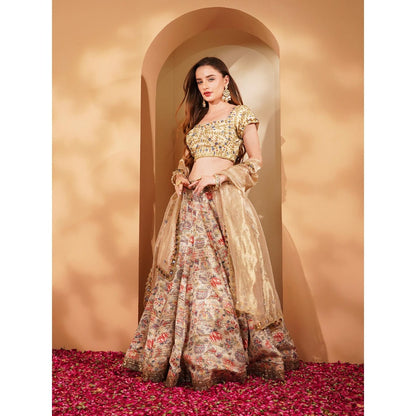 MILU MADAN Light Beige Gisha Silk Printed Lehenga with Blouse and Dupatta (Set of 3)