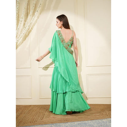 MILU MADAN Sea Green Crepe Layered Flair Fish Skirt with Cape and Blouse (Set of 3)