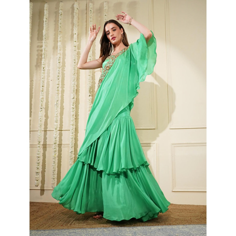 MILU MADAN Sea Green Crepe Layered Flair Fish Skirt with Cape and Blouse (Set of 3)