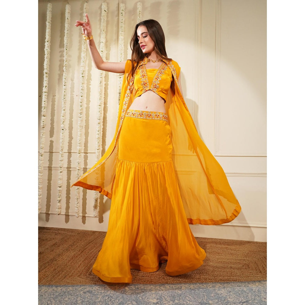 MILU MADAN Mustard Crepe Fish Cut Skirt with Blouse and Cape (Set of 3)