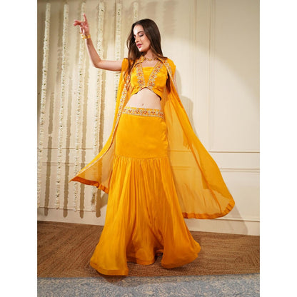 MILU MADAN Mustard Crepe Fish Cut Skirt with Blouse and Cape (Set of 3)