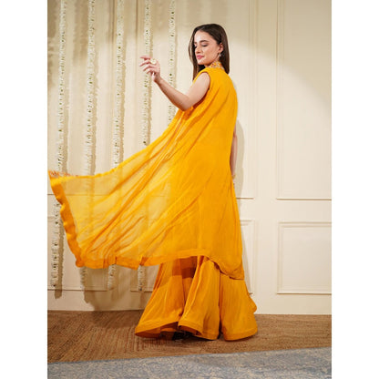 MILU MADAN Mustard Crepe Fish Cut Skirt with Blouse and Cape (Set of 3)