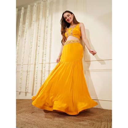 MILU MADAN Mustard Crepe Fish Cut Skirt with Blouse and Cape (Set of 3)