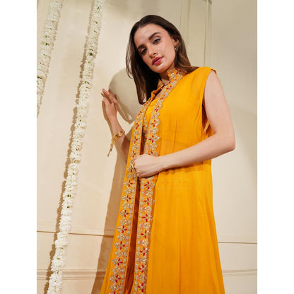 MILU MADAN Mustard Crepe Fish Cut Skirt with Blouse and Cape (Set of 3)
