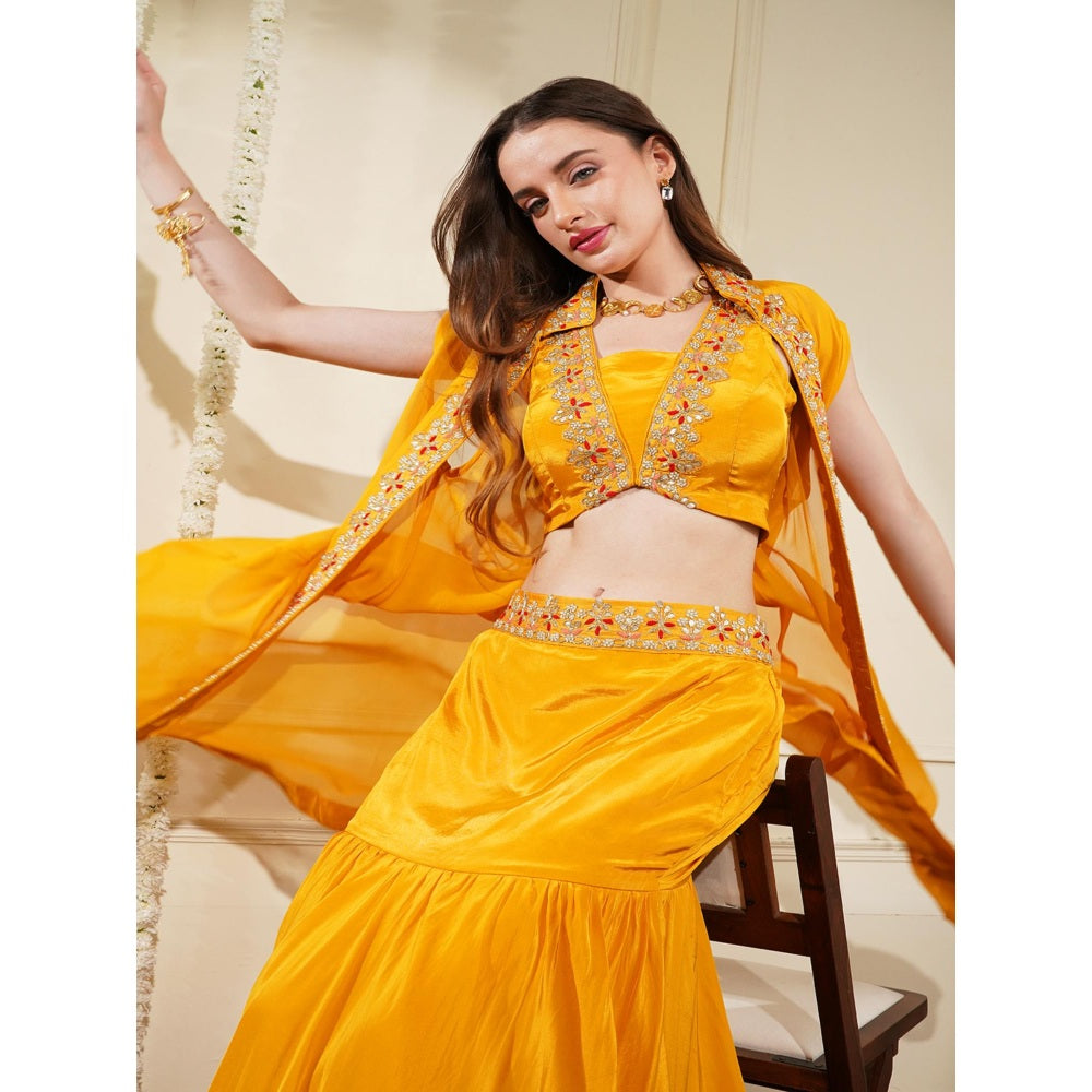 MILU MADAN Mustard Crepe Fish Cut Skirt with Blouse and Cape (Set of 3)
