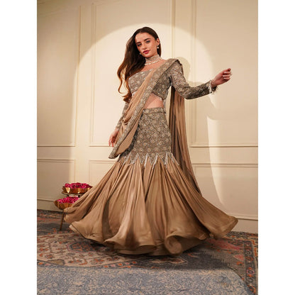 MILU MADAN Beige Satin Organza Pre-Drape Saree with Stitched Blouse