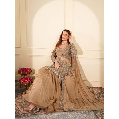 MILU MADAN Beige Satin Organza Pre-Drape Saree with Stitched Blouse