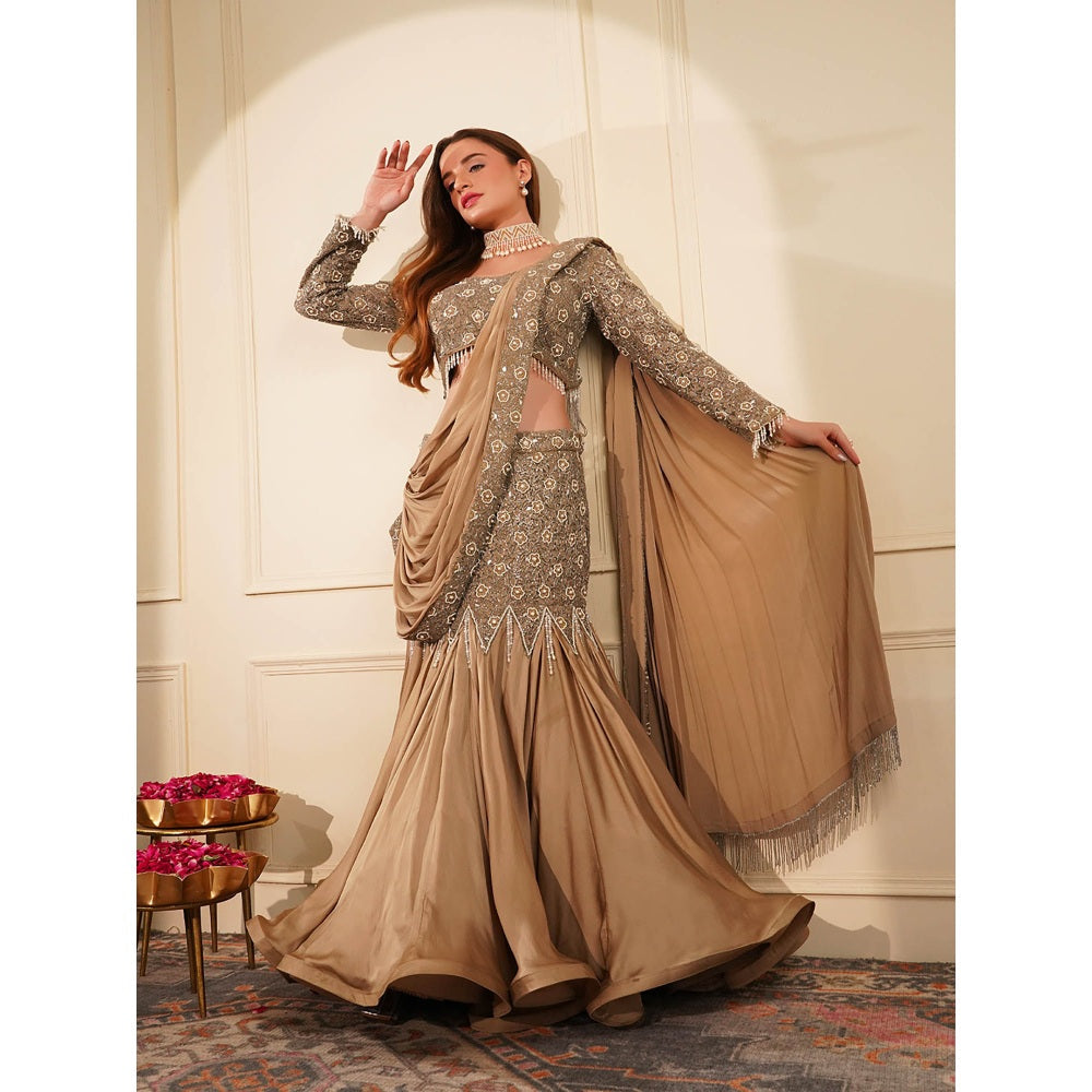 MILU MADAN Beige Satin Organza Pre-Drape Saree with Stitched Blouse