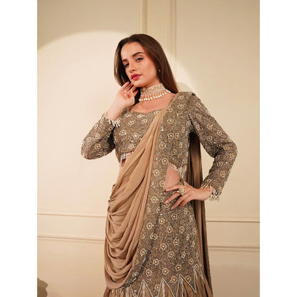 MILU MADAN Beige Satin Organza Pre-Drape Saree with Stitched Blouse