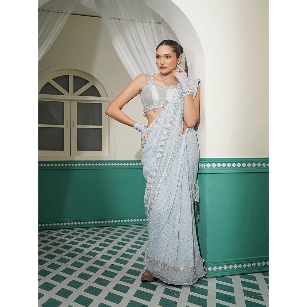 MILU MADAN Powder Blue Georgette Silver Sequin Saree with Stitched Blouse