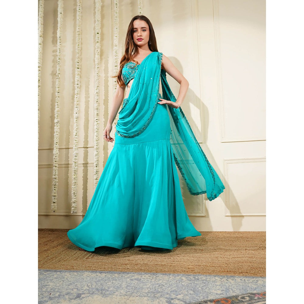 MILU MADAN Teal Green Organza Pre-Drape Saree with Stitched Blouse