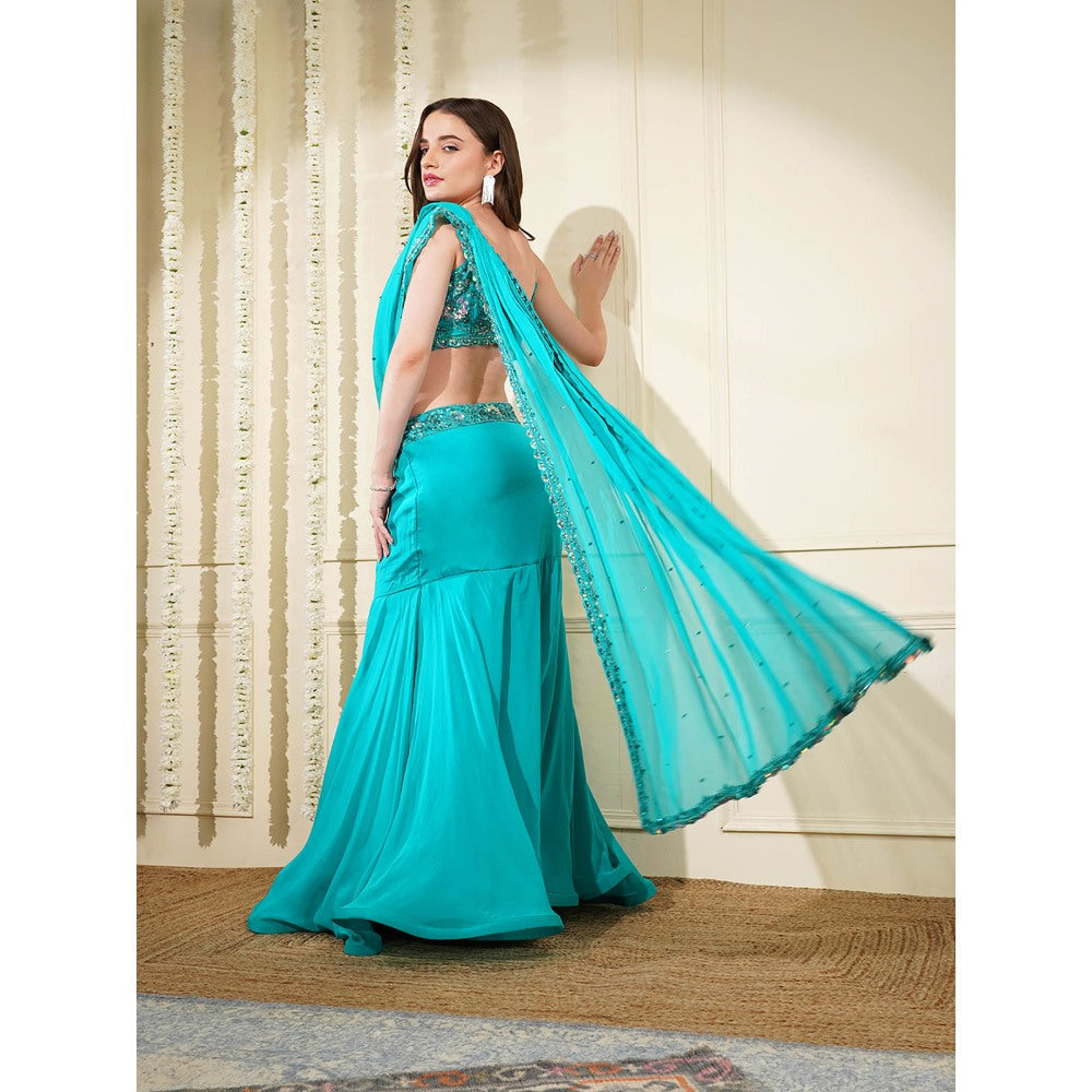 MILU MADAN Teal Green Organza Pre-Drape Saree with Stitched Blouse