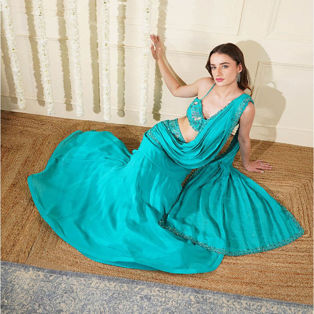 MILU MADAN Teal Green Organza Pre-Drape Saree with Stitched Blouse