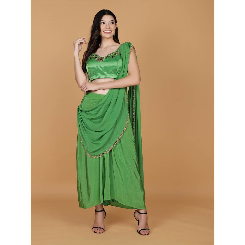 MILU MADAN Leaf Green Crepe Embroidery Pre-Drape Saree with Stitched Blouse