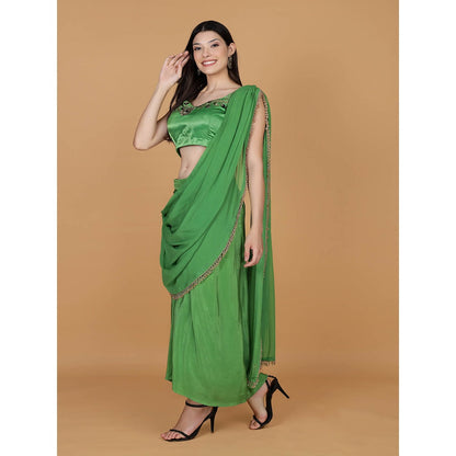MILU MADAN Leaf Green Crepe Embroidery Pre-Drape Saree with Stitched Blouse