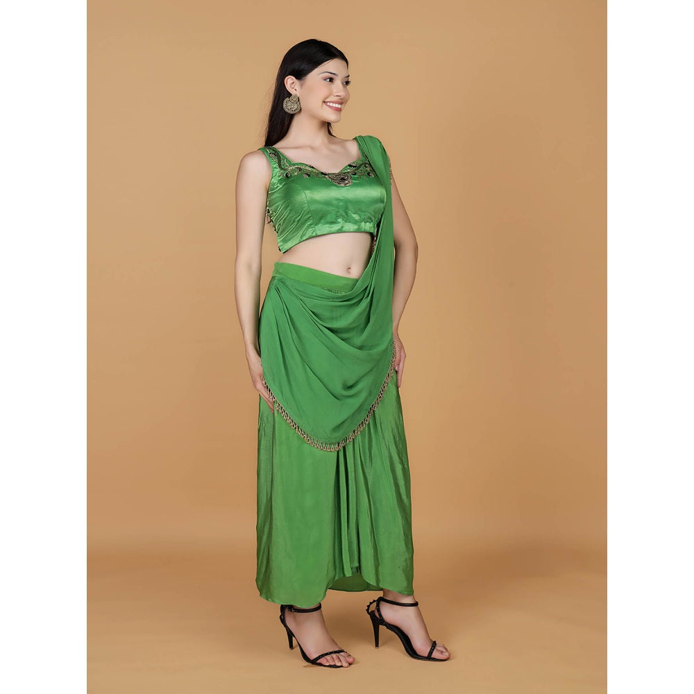 MILU MADAN Leaf Green Crepe Embroidery Pre-Drape Saree with Stitched Blouse