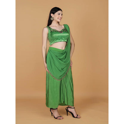 MILU MADAN Leaf Green Crepe Embroidery Pre-Drape Saree with Stitched Blouse