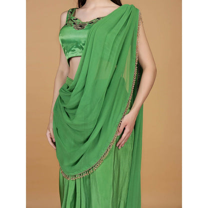 MILU MADAN Leaf Green Crepe Embroidery Pre-Drape Saree with Stitched Blouse
