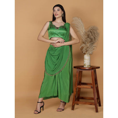 MILU MADAN Leaf Green Crepe Embroidery Pre-Drape Saree with Stitched Blouse