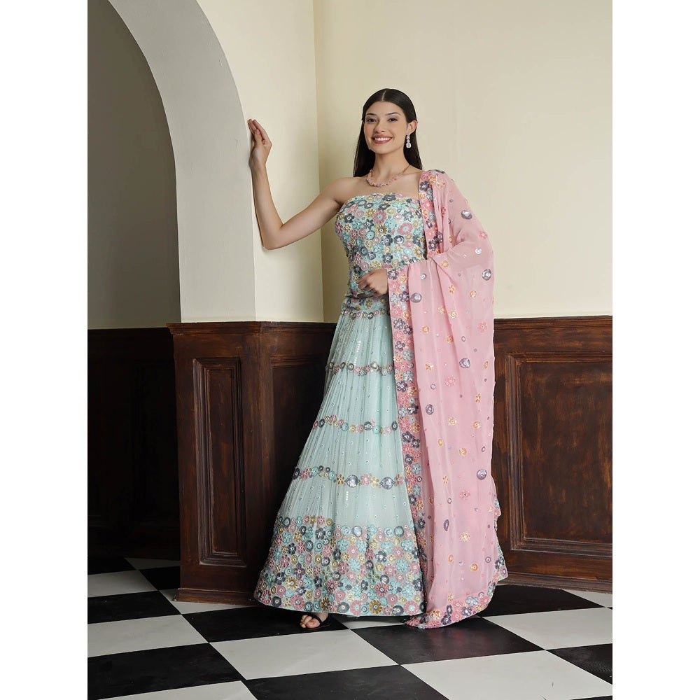 MILU MADAN Light Sea Blue Sequins Beadwork Blouse with Lehenga and Dupatta