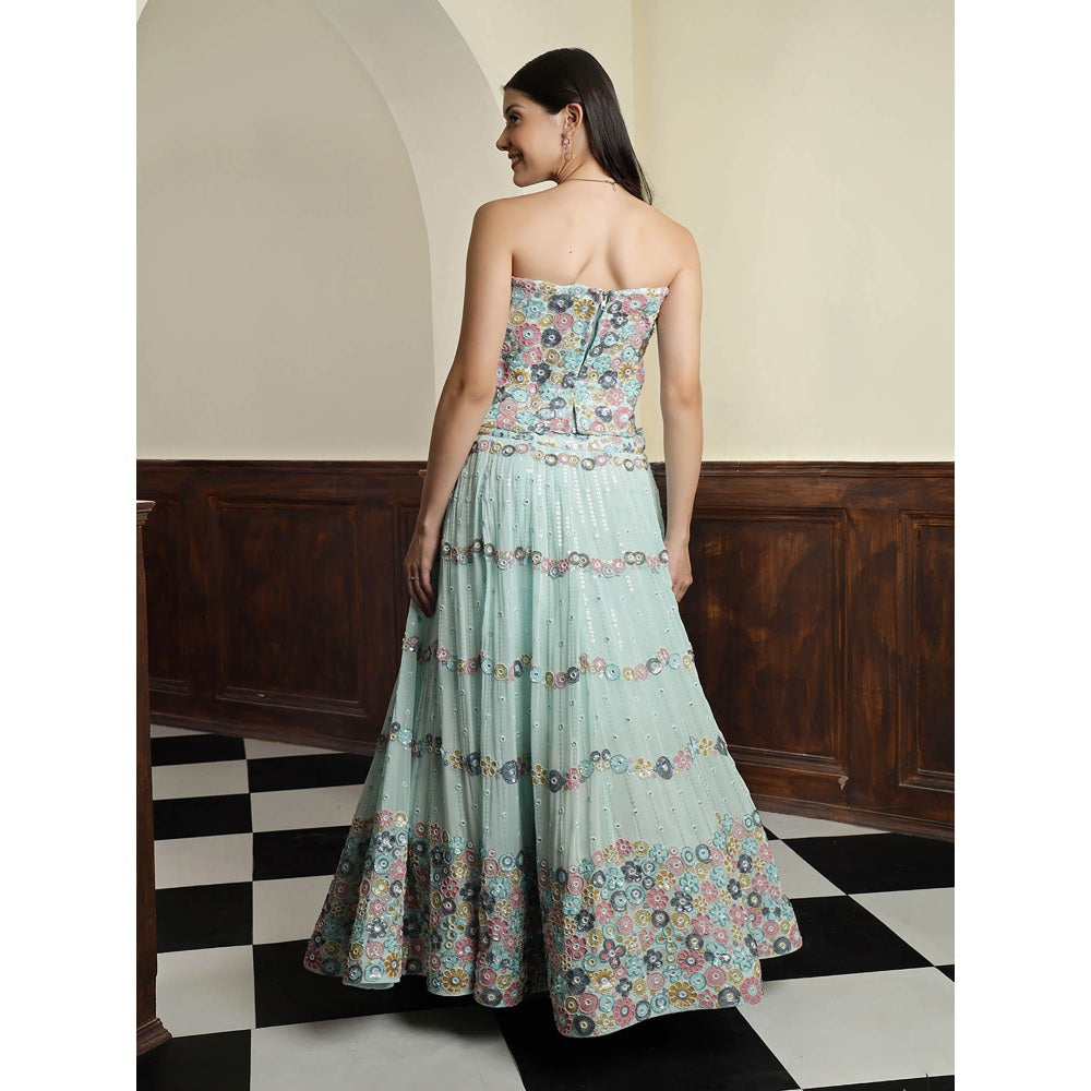 MILU MADAN Light Sea Blue Sequins Beadwork Blouse with Lehenga and Dupatta