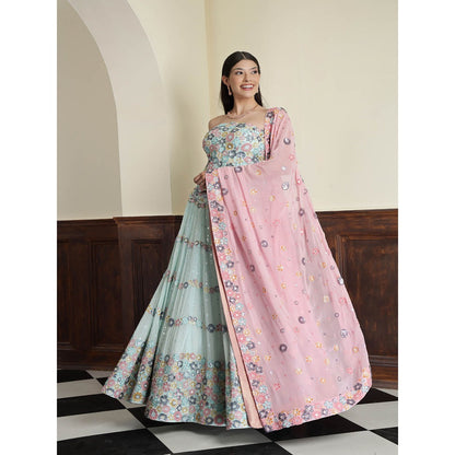 MILU MADAN Light Sea Blue Sequins Beadwork Blouse with Lehenga and Dupatta