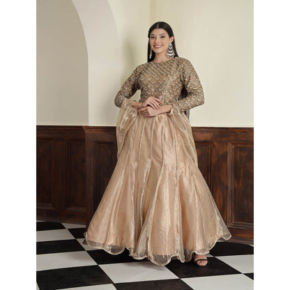 MILU MADAN Champagne Tissue Antique Work Gold Blouse with Lehenga and Dupatta