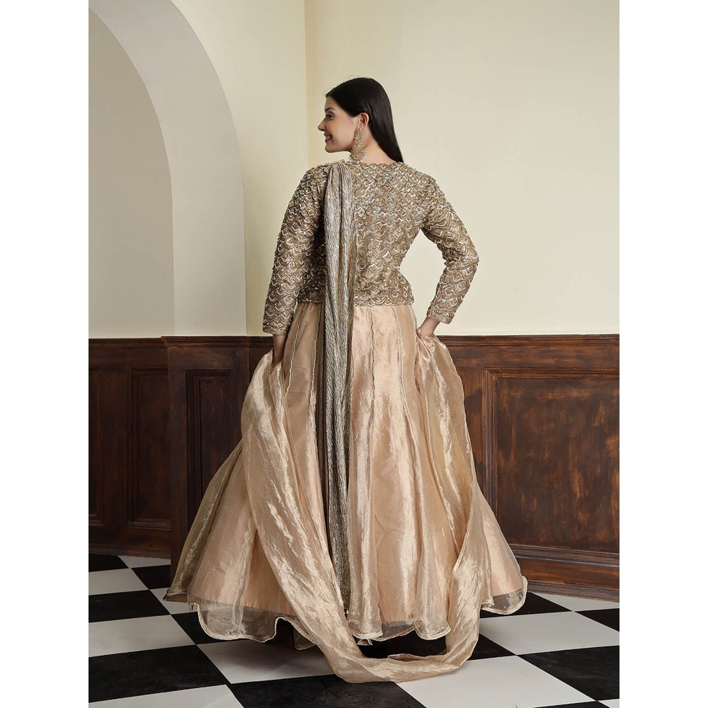 MILU MADAN Champagne Tissue Antique Work Gold Blouse with Lehenga and Dupatta