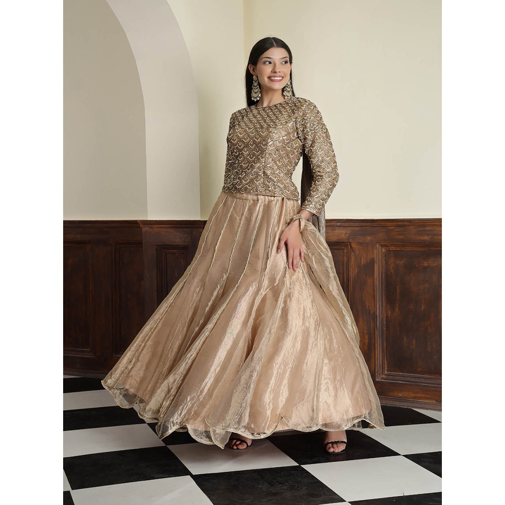 MILU MADAN Champagne Tissue Antique Work Gold Blouse with Lehenga and Dupatta