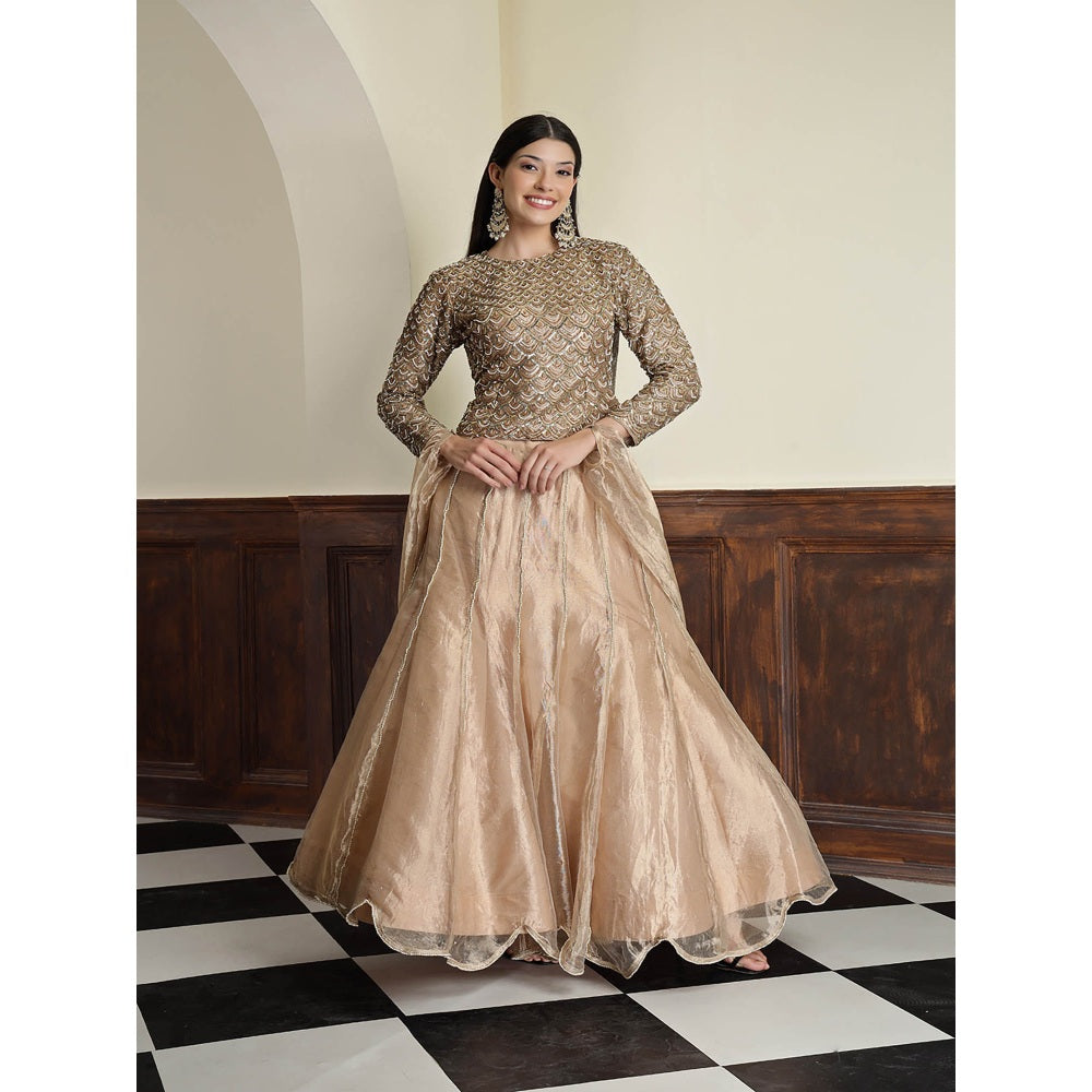 MILU MADAN Champagne Tissue Antique Work Gold Blouse with Lehenga and Dupatta