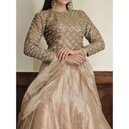 MILU MADAN Champagne Tissue Antique Work Gold Blouse with Lehenga and Dupatta
