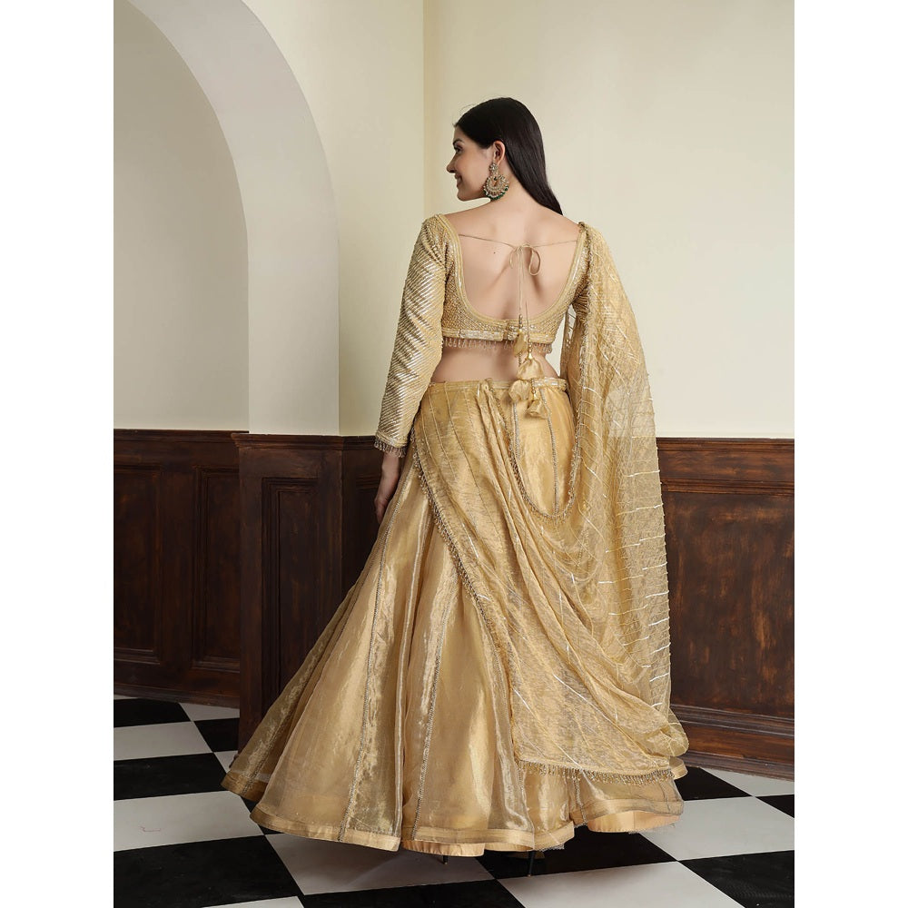 MILU MADAN Gold Tissue Sequins Cut dana Work Blouse with Lehenga and Dupatta