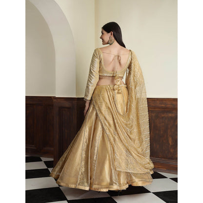 MILU MADAN Gold Tissue Sequins Cut dana Work Blouse with Lehenga and Dupatta